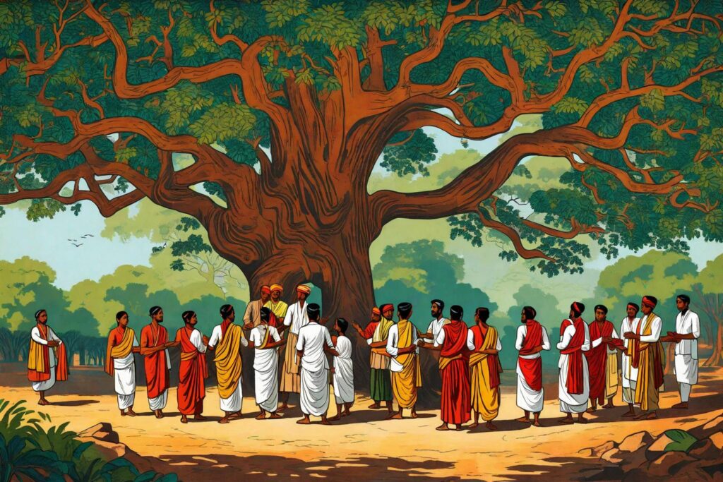 "Visualise a tranquil, yet vibrant Indian village during the early 20th century, embodying the spirit of 'Peasant Raj'. In the foreground, a group of peasants in traditional attire are engaged in animated discussion under a large, ancient banyan tree. Their expressions mix determination and hope, reflecting their aspirations for self-rule and agrarian reform. The background reveals lush green fields, symbolising the heart of rural India, with women in colourful saris working alongside men in dhotis. The village scene is bustling with typical rural activities - cattle grazing, children playing, and a bullock cart slowly making its way along a dusty path. The architecture is simple yet characteristic of the period, with mud houses and thatched roofs. In the distance, the sun sets behind rolling hills, casting a warm, golden glow over the landscape, encapsulating a moment of peaceful resilience in the history of Indian peasantry."