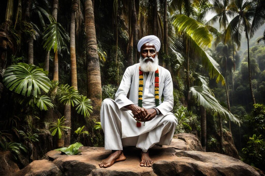 "Envision a powerful and evocative portrait of Variyamkunnath Kunjahammed Haji, the revered Indian freedom fighter and leader of the Malabar Rebellion. The setting is the early 20th century in the lush landscapes of Malabar, Kerala. Haji is depicted standing majestically on a rocky outcrop, overlooking the rolling hills and dense tropical forests of the region. He is dressed in traditional Malayali attire, with a white mundu and a shirt, his expression exuding determination and defiance. Around his head, a subtle halo effect symbolises his revered status among his followers.

In his hands, he holds a scroll symbolising the declaration of independence he made against British colonial rule, and by his side, a traditional sword, representing his readiness to fight for freedom. The background is a dynamic scene of the Malabar Rebellion, with freedom fighters engaged in a strategic battle against British forces, visible in the distant mist.

The atmosphere is charged with a sense of revolution and resilience, with the sky above showing a dramatic interplay of light and shadows, suggesting the tumultuous period of the struggle. This poignant image captures the essence of Variyamkunnath Kunjahammed Haji as not just a leader, but a symbol of resistance and the fight for justice in Indian history."