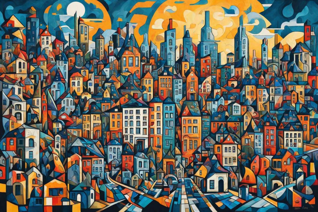 "A vivid, cubist-style portrayal of various homes and buildings, symbolising the long-term effects on loans and mortgages, with an abstract clock face blending into a randomly chosen busy city street."