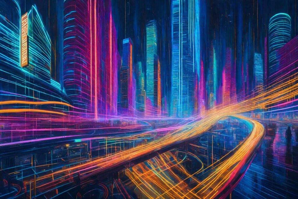 "A futuristic, abstract painting visualising the concept of credit interest capitalisation with swirling, neon lines and digital numbers, set against a randomly selected, vibrant cityscape at night in an expressionist style."