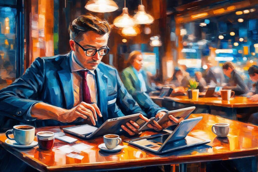 "A vivid, impressionist painting showing a focused individual planning finances on a digital tablet, symbolising managing capitalised interest, against a randomly chosen, bustling coffee shop background."