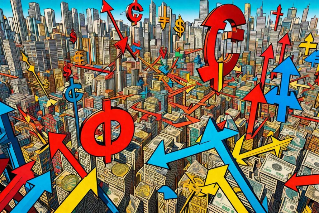 "A vivid, pop-art style depiction of diverse currency symbols and rising arrows, illustrating the dynamic nature of credit interest, set against a randomly chosen, bustling city market background."