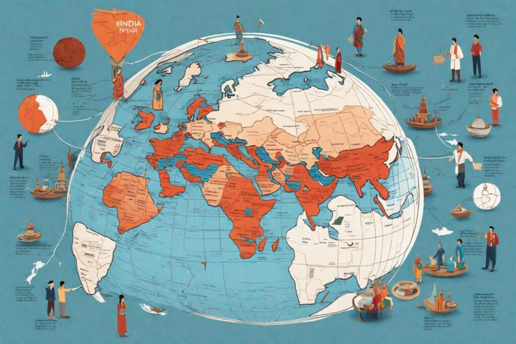 A visually appealing infographic showcasing a globe with India highlighted, and arrows connecting to different countries, symbolising international trade routes. The image should include miniature representations of an exotic rug from Morocco and hand-crafted pottery from Tokyo to reflect the article's opening scenario.