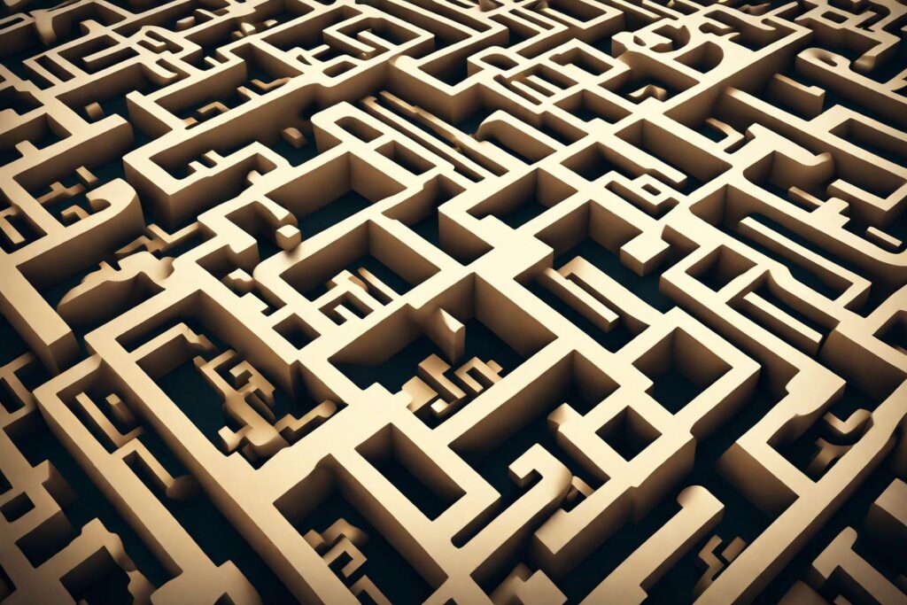 Create a visually engaging image that depicts the concept of navigating through the complex world of mutual funds. This could be a metaphorical illustration of a maze with a financial theme.