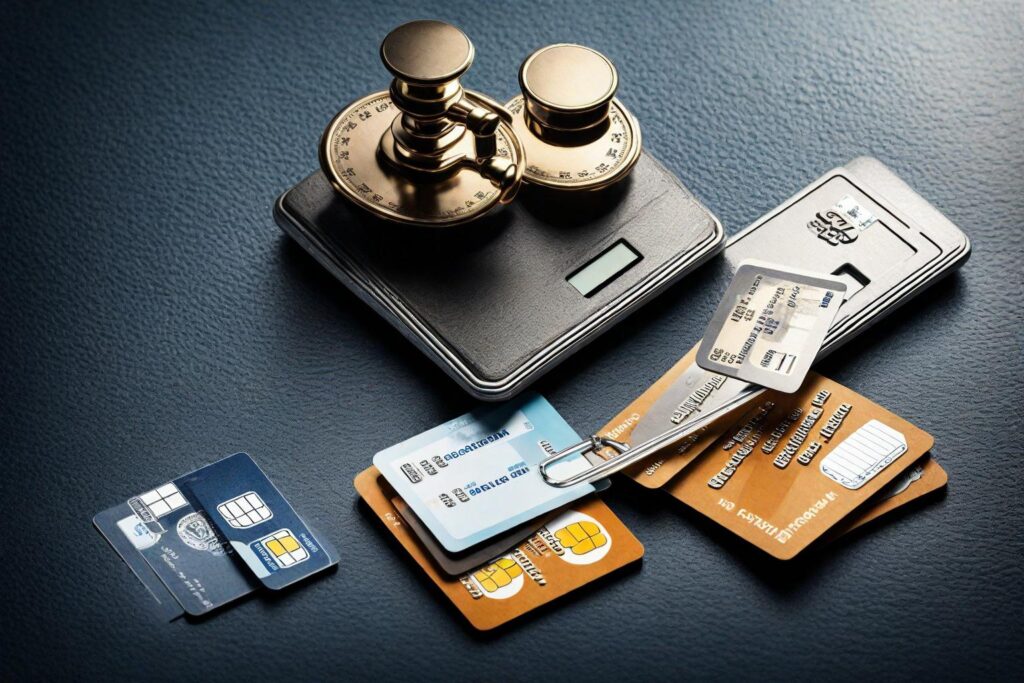 A scale balancing a few credit cards on one side and a question mark on the other, symbolising the balance of managing credit cards responsibly.